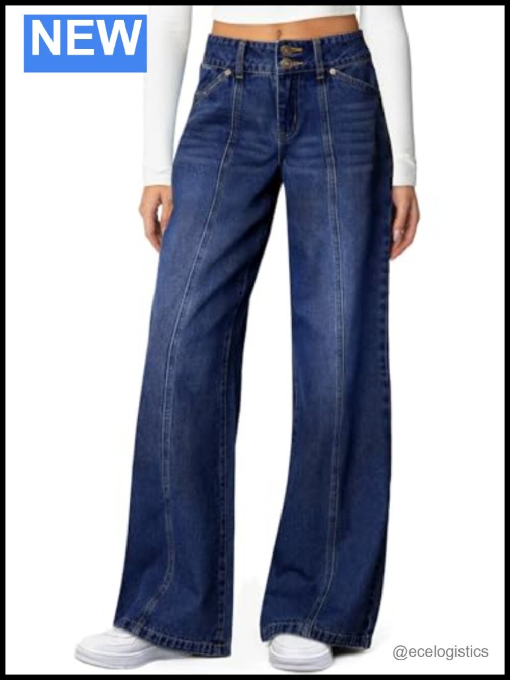 High Waisted Wide Leg Stretchy Jeans with Seamed Front Double Buttons